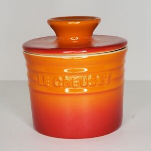 Le Creuset:  Orange and Red, FLAME,  Stoneware Butter Jar - 4" x 4" - NEW